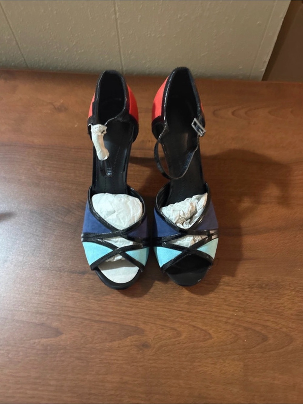 Colorblock Ankle-Strap Heels in Blue, Light Blue and Red